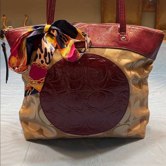 Coach Handbags - Coach Burgundy and Tan Signature Large Tote and now